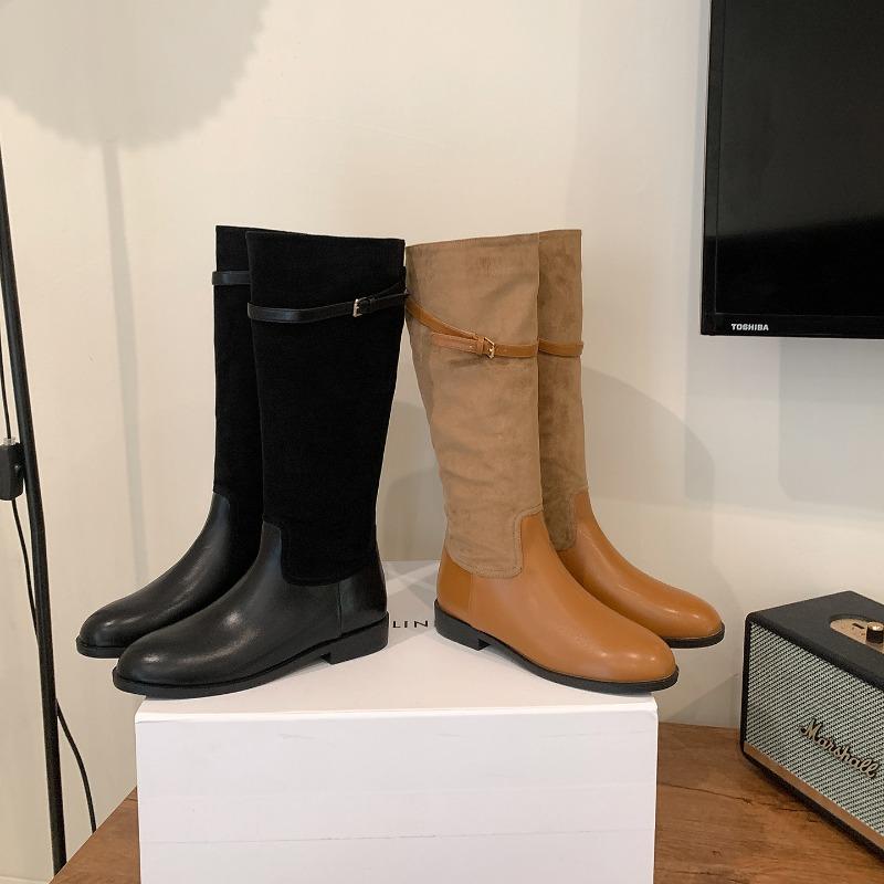 

Retro leather round head flat bottom medium boots women s belt buckle wide tube thin western cowboy boots 40 коричневий