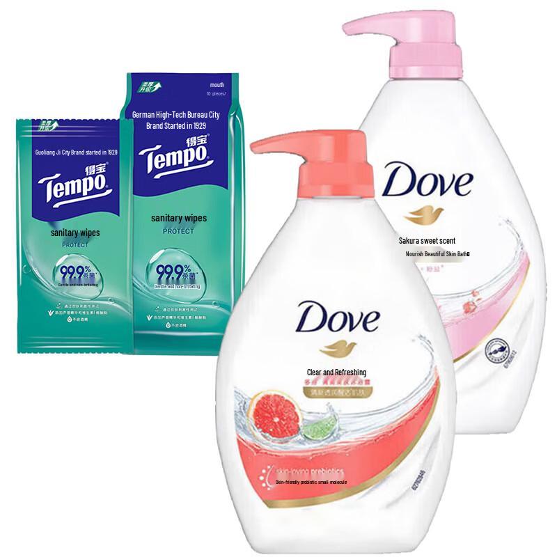 Dove Cherry Blossom Body Wash Twin Pack & Tempo Wet Wipes Bundle