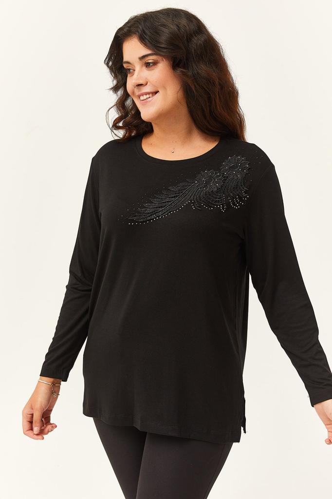 Damen Übergröße Bluse Große Größe Vordere Blattstickerei Guipure-Detail Schwarze Bluse
