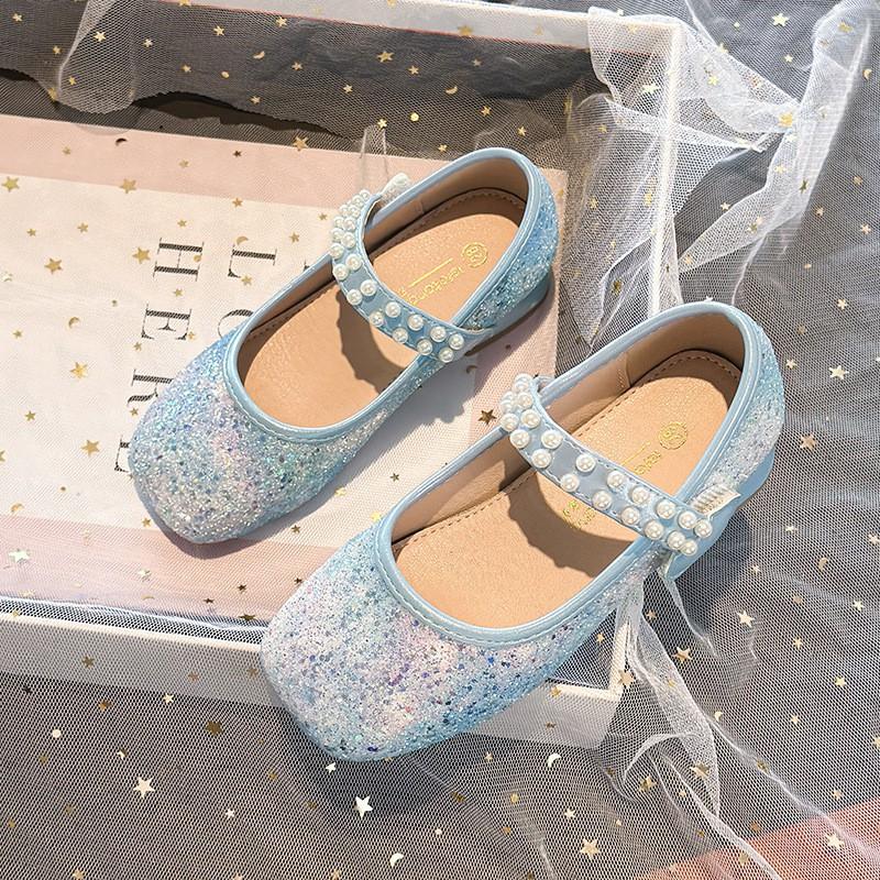 2026 Kids Princess Shoes Girls Low-top Magic Strap Pearl Glitter Crystal Soft Sole Dress