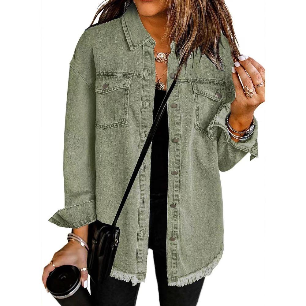 Women's Oversized Denim Shirt Jacket with Raw Hem and Button Front