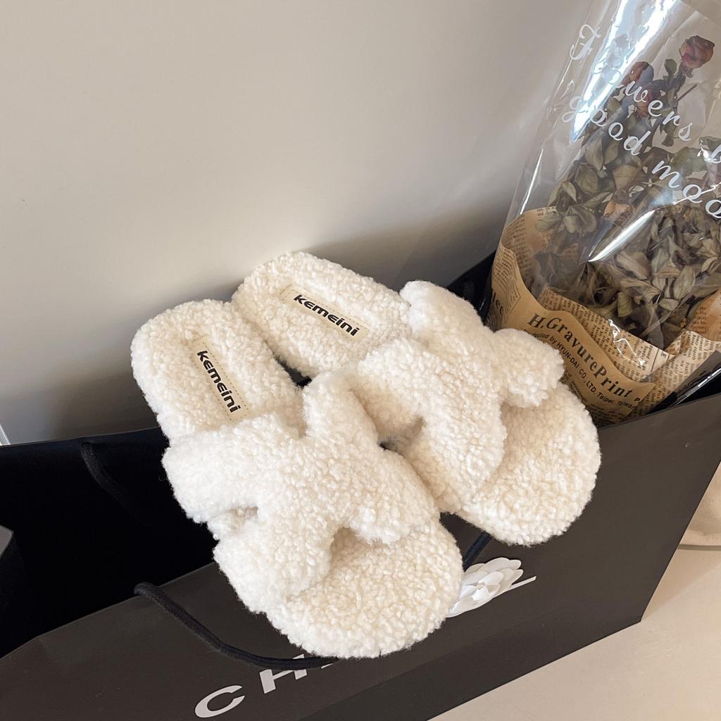 Flat-bottomed fluffy slippers for women's outer wear 2025 new autumn and winter thick-bottomed indoor home soft-bottomed fluffy cotton slippers