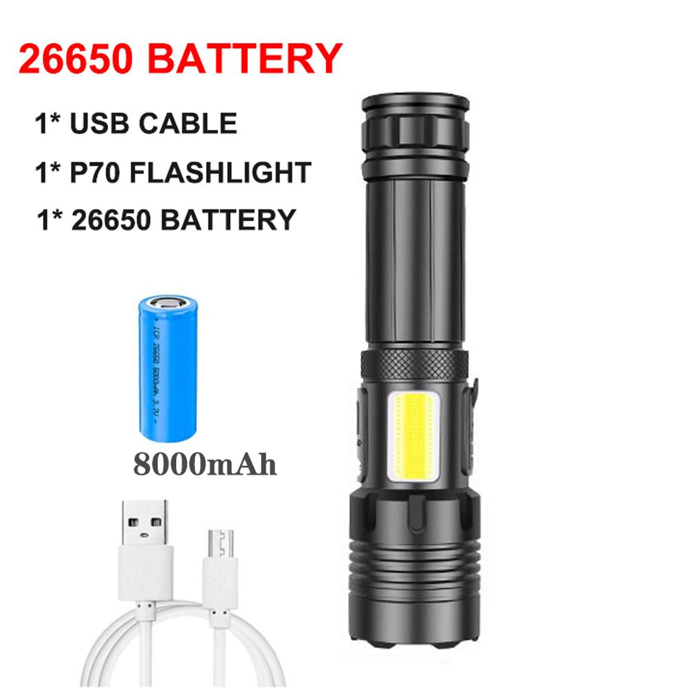 Rechargeable Super Bright Tactical Flashlight High Lumens Zoomable LED Flashlight With COB Side Light 7Modes Floodlight Torch