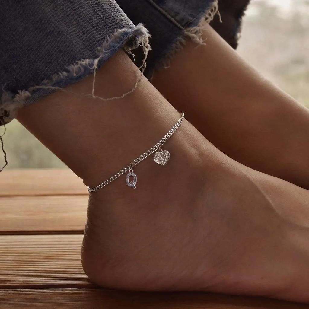 26 Initial Stainless Steel Anklet For Women Crystal Letter Heart Color Chain Ankle Bracelet Summer Jewelry Accessories