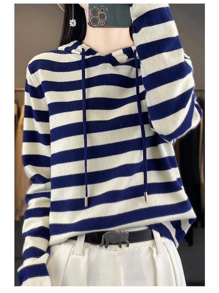 Women's Loose-Fit Striped Hooded Knit Sweater - Korean Style Casual Autumn Winter Sweatshirt