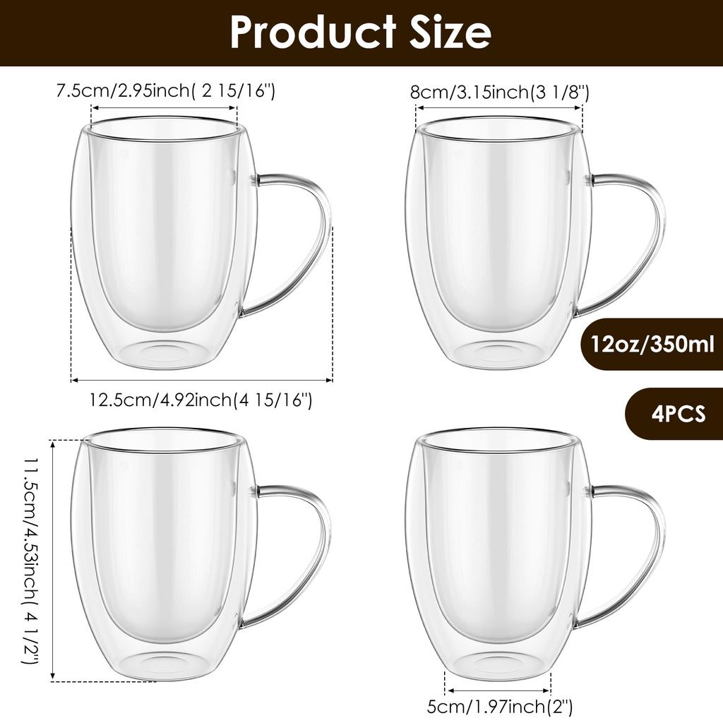 Glass Coffee Mug 12oz Double Wall Glass Coffee Cup with Handle Set of 4 Insulated Mug Milk Tea Latte Espresso Cup Water Cup