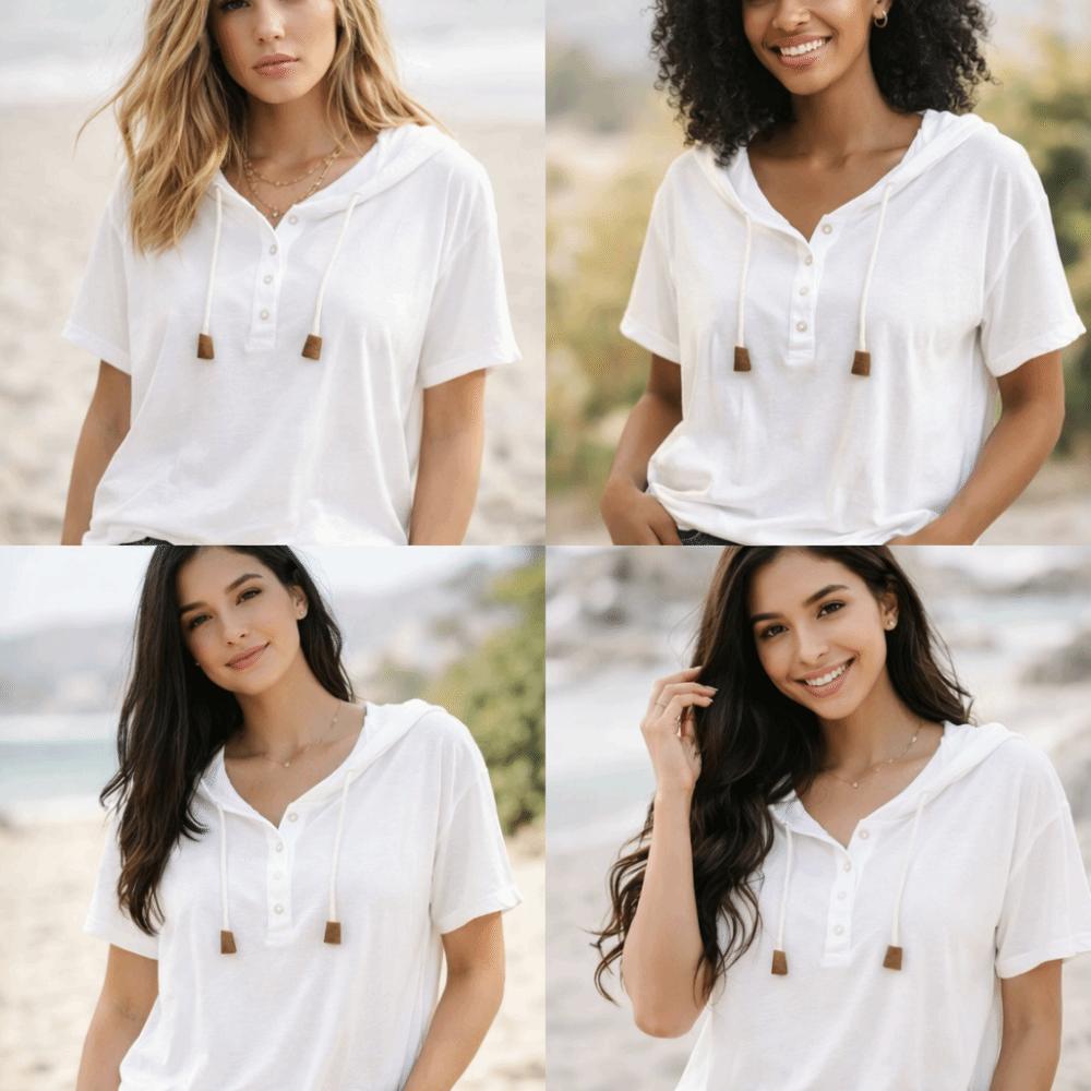 Thin Henley Shirt Hoodie Loose Fit Women's Top Elegant Hooded Short Sleeve T-Shirt Women