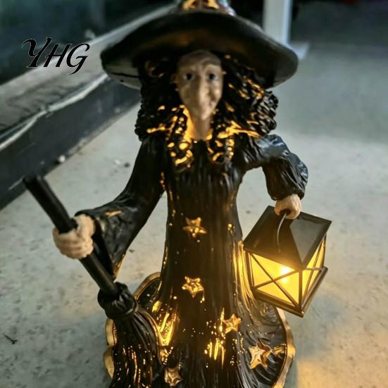 Collectible Witch Figurine 2Pcs Halloween Night Lamp, Holding Lantern with Resin Statue LED, Glowing for Tabletop Decor Home