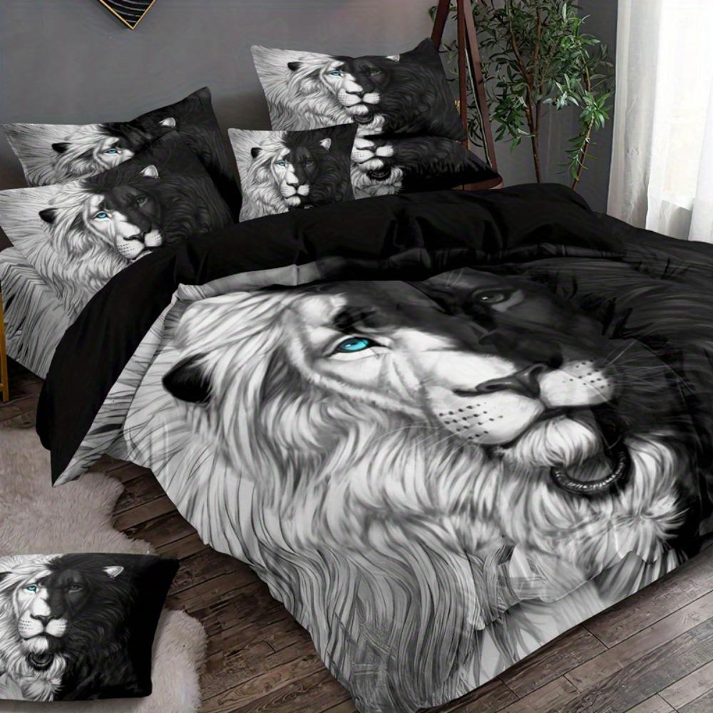 3pcs Bedding Set Black Gray Lion Printed Cozy Soft Duvet Cover King Queen Twin Size Birthday Gift for Boys Adult Bedroom Decor