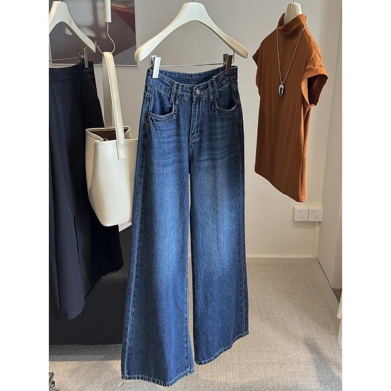 

Retro dark blue high-waisted wide-leg jeans women s autumn washing loose and thin straight casual trousers tide S темно-синий