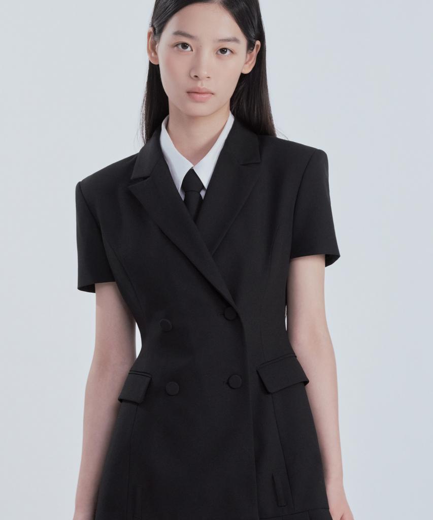 Mausolleum [Select Length] Jenn Pleated Half-Sleeve Suit Jacket Dress - Black