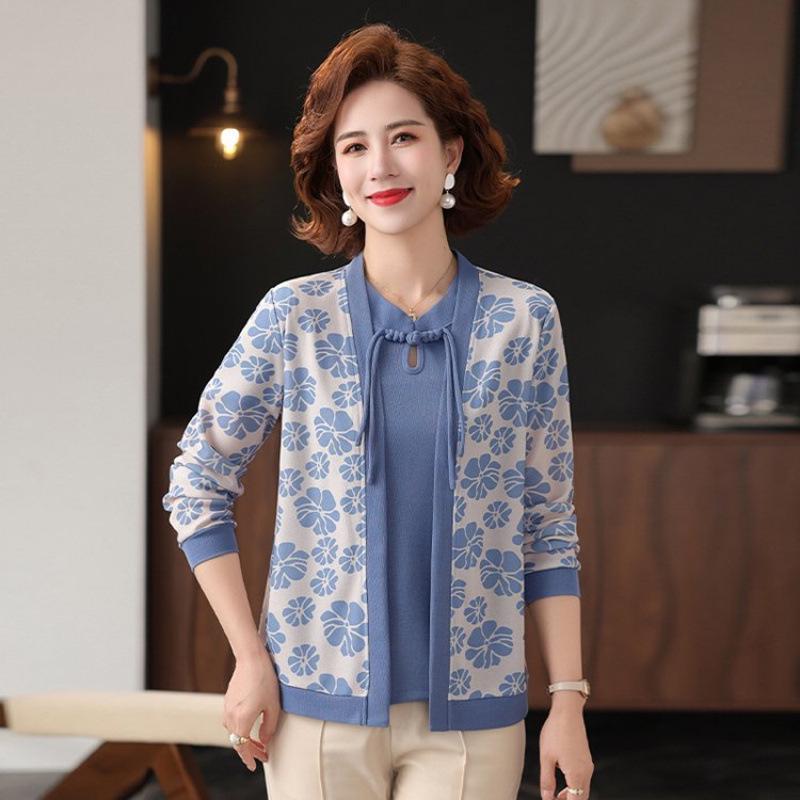 Mom s Stylish Spring/Autumn Knit Two-Piece Set: Chic Long-Sleeve Cardigan for Middle-Aged & Elderly Women 4XL (suggested 135-150 lbs)
