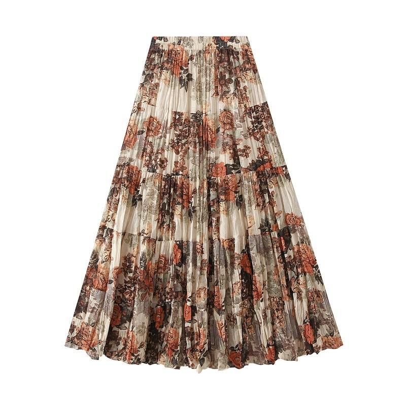 Qooth Elegant Women A Line Pleated Flower Skirt Midi Length Elastic Waist Casual Skirt QT2753
