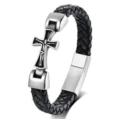 Stainless Steel Punk Skull Cross Bracelet Men Geometric Woven Leather Band Adjustable Size