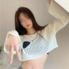 Damskie swetry dzianinowe Damski crop top ażurowy Siateczkowy Cienki pulower Przezroczysty wygląd Rękaw latarnia casual Luźne y2k Topy Smock