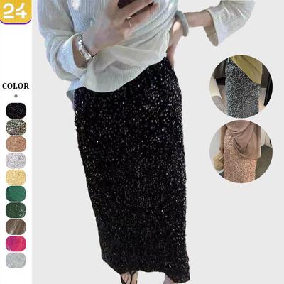 2025 High Waist Slim Sequin Skirt - Women's Elastic Fit, Straight Long Design