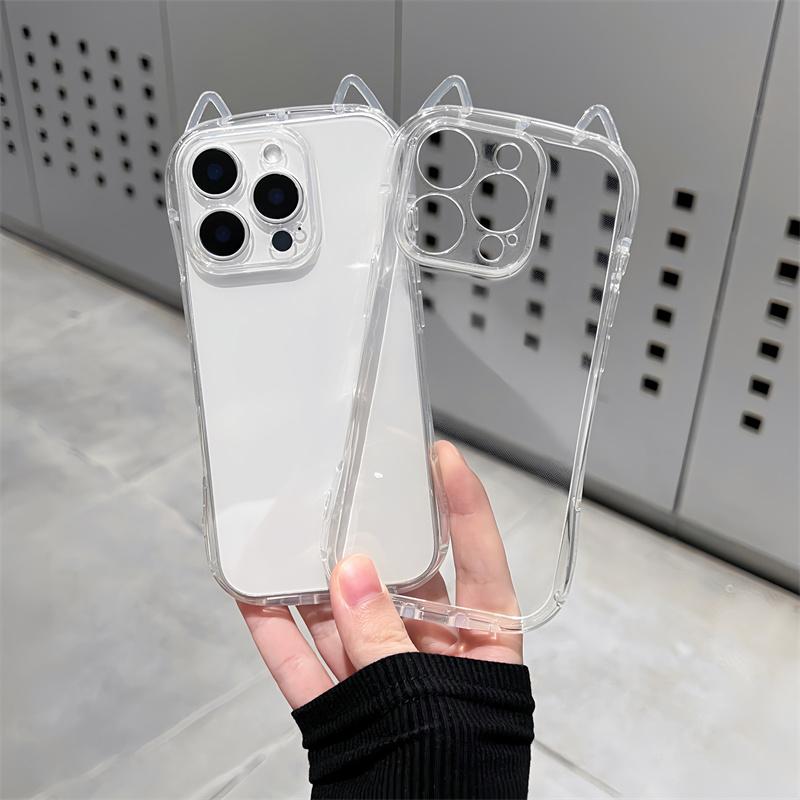 Cute Cat 3D Ears Transparent Phone Case For iPhone 16 Pro Max 15 13 11 12 14 Plus Soft Clear TPU Back Shockproof Soft Cover