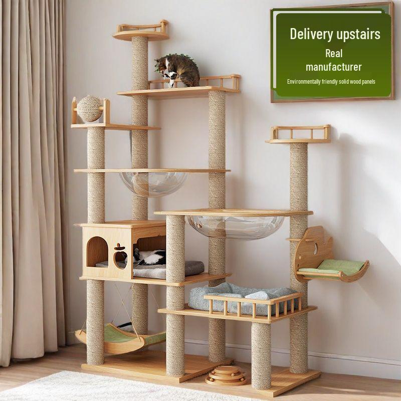 Large Solid Wood Cat Tree with Space Capsule, Plus Size Scratching Post & Board, Floor-to-Ceiling Multi-Season Toy, Wear-Resistant.