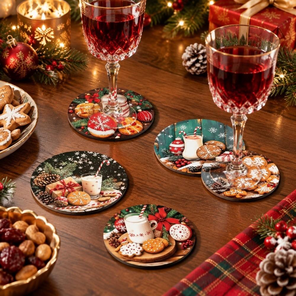 6pcs Wooden Santa Claus Coaster Snowman Coffee Cup Mat Christmas Drink Coaster  Seasonal Decor