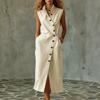 European and American solid color sleeveless dress women's summer lapel breasted breathable waist temperament dress