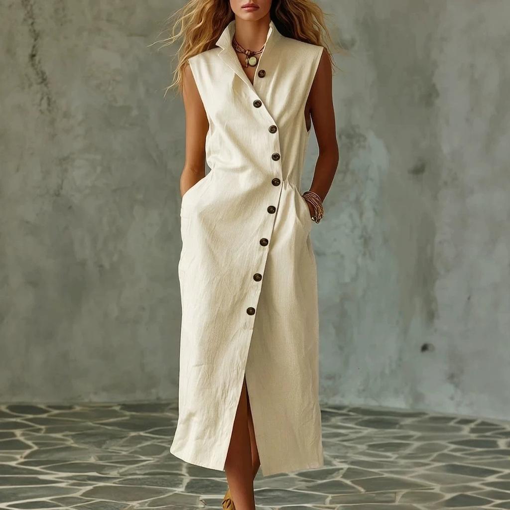 European and American solid color sleeveless dress women's summer lapel breasted breathable waist temperament dress
