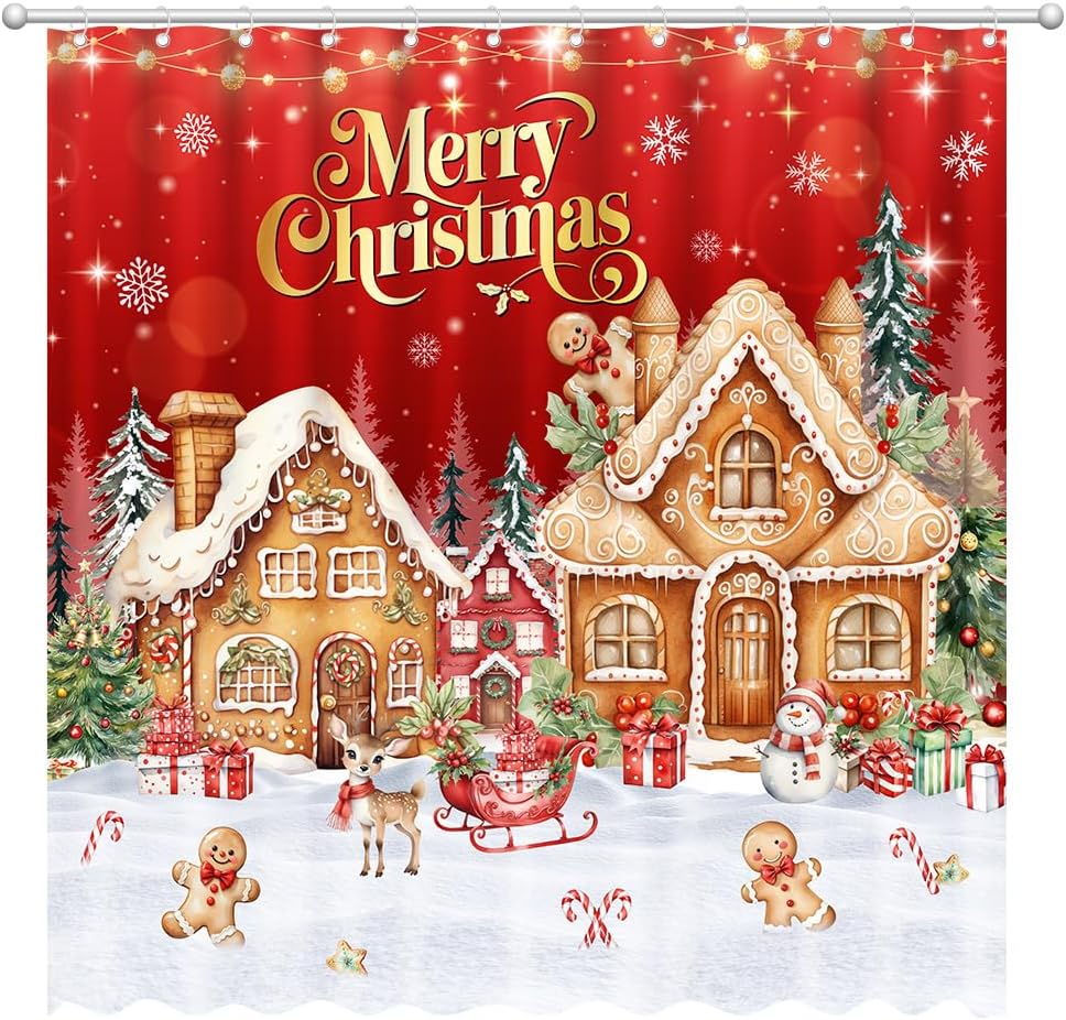 Merry Christmas Gingerbread House Shower CurtainCandy House Gingerbread Home Bathroom Decorations Santa Xmas Trees Bathtub