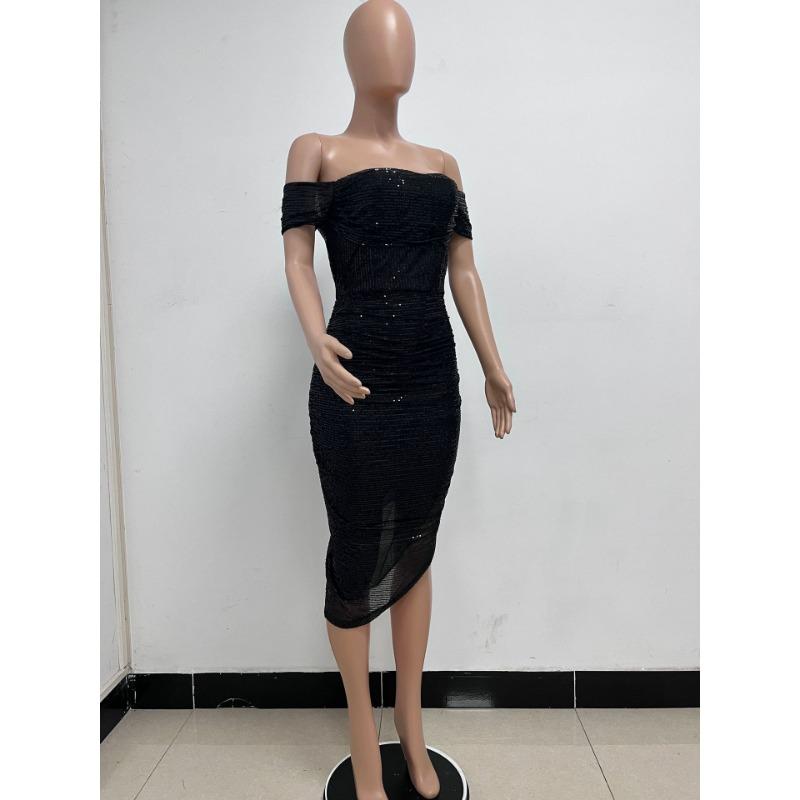 Women's Summer One-line Shoulder French Waist Dress Sequin Bag Hip Mid-length Dress