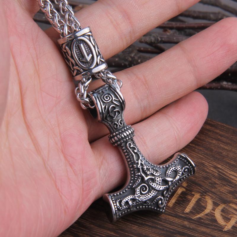 Severský Viking Thorovo Kladivo Mjolnir Náhrdelník Řetízek z Nerezové Oceli Přívěsek Vegvisir Pánské Šperky Runový Amulet