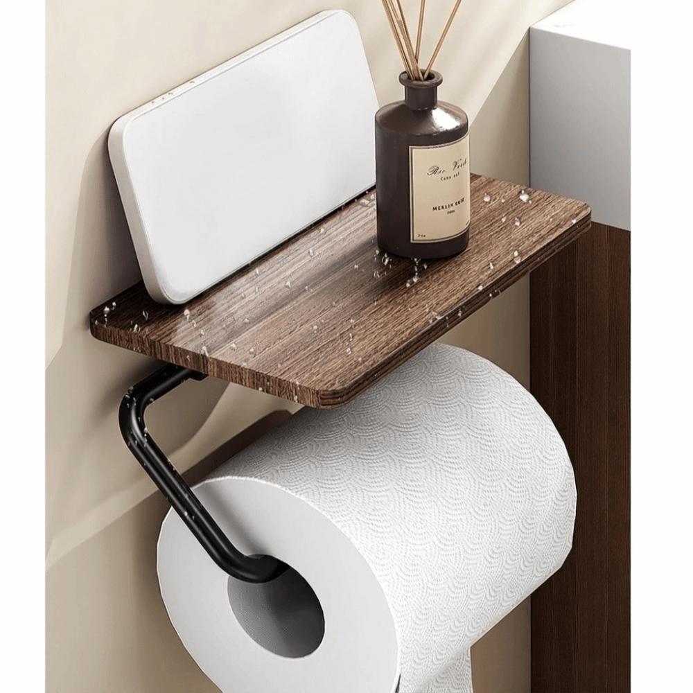 Wall Mounted Toilet Paper Holder Walnut Wood Grain Paper Towel Holder Storage Shelf Hotel Room