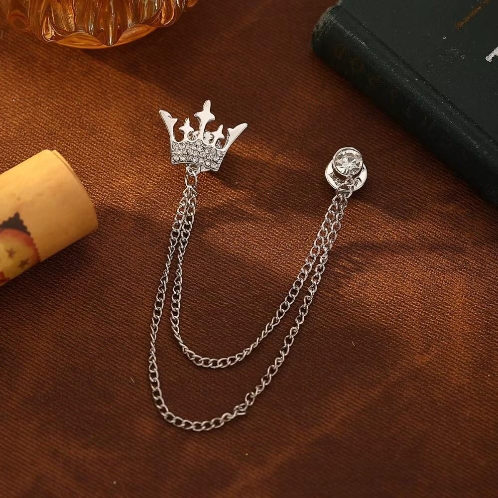 Crystal Decor Brooch Pin Tassel Chain Suit Collar Pin Casual Crown Brooch