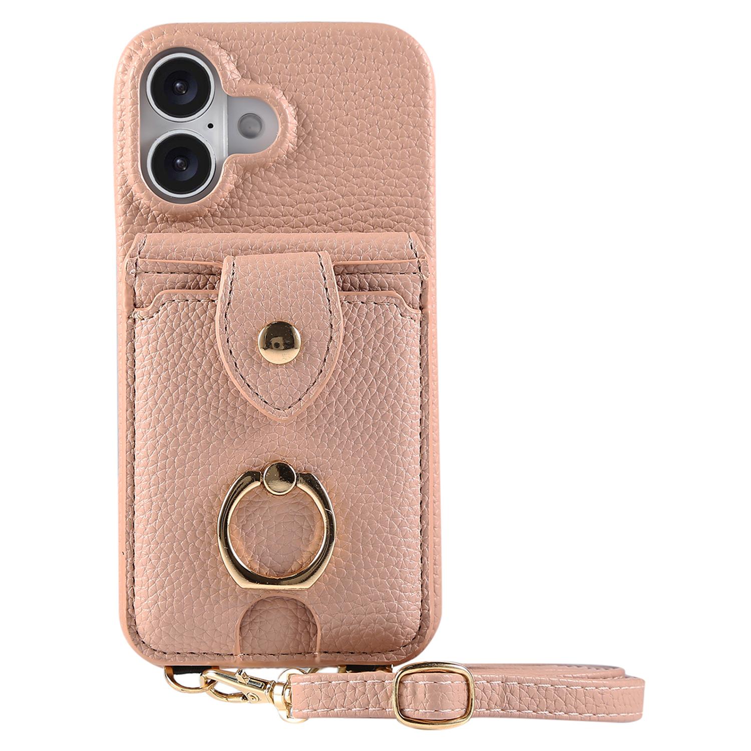 

For iPhone 16 Plus Case with Card Holder,Shoulder Strap PC+TPU Ring Kickstand Phone Back Cover Flesh