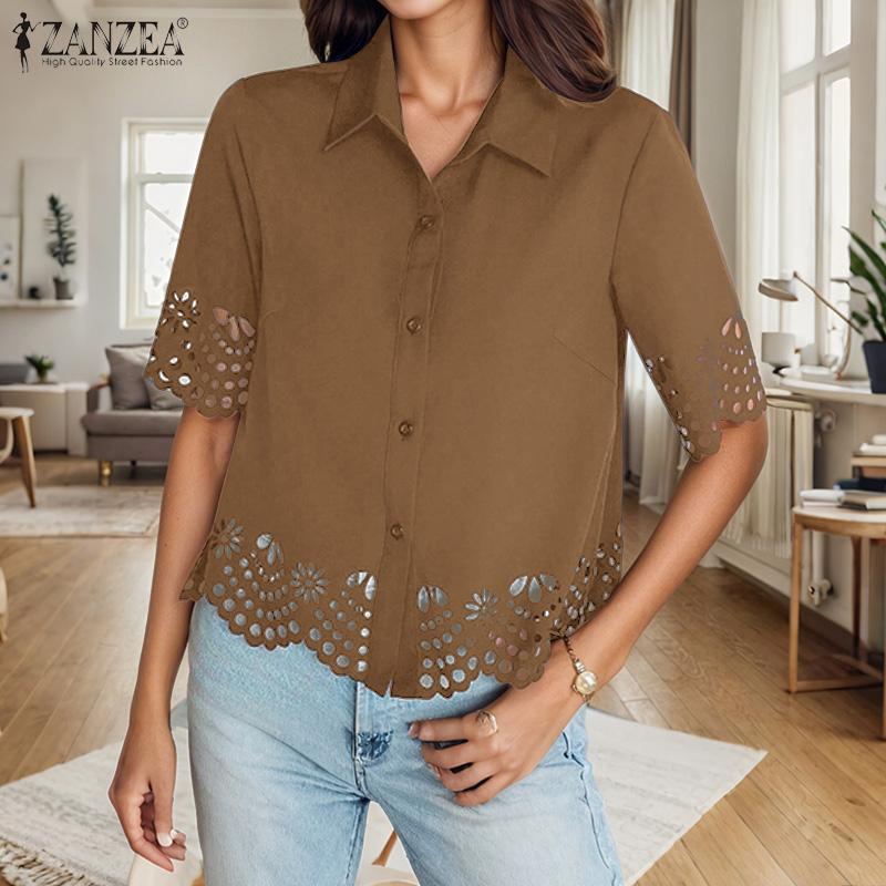 

Жіноча повсякденна літня блузка з коротким рукавом ZANZEA 5XL хакі