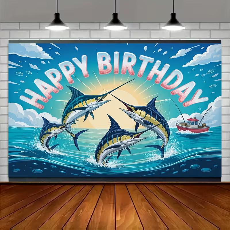 2D Marlin Fishing Birthday Backdrop Ocean Themed Photography Background