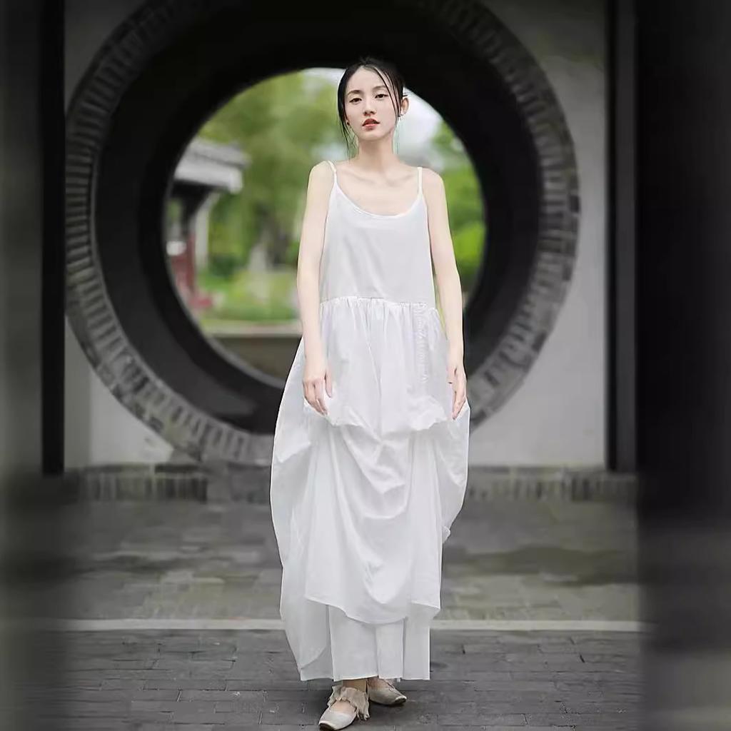 Homemade dark and cool wind suspender skirt cotton drawstring adjustable design dress color thin suspender skirt
