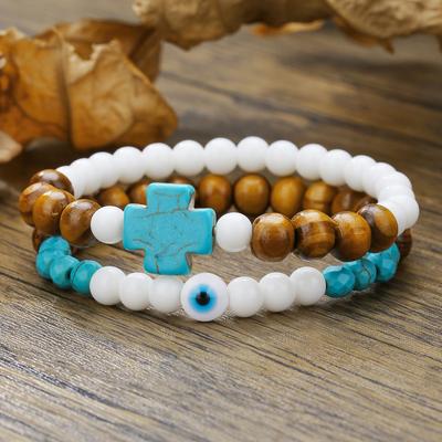 Türkis Holzkugel Set Armband Herren Damen Kreuz Teufelsauge Handgefertigt Perlenarmband Ethnischer Stil Schnur Schmuck Paar