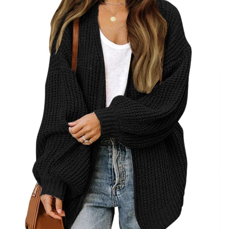 Chunky-Knit Lantern Sleeve Cardigan for Women: Autumn Winter Pocketed Outerwear Knit Sweater