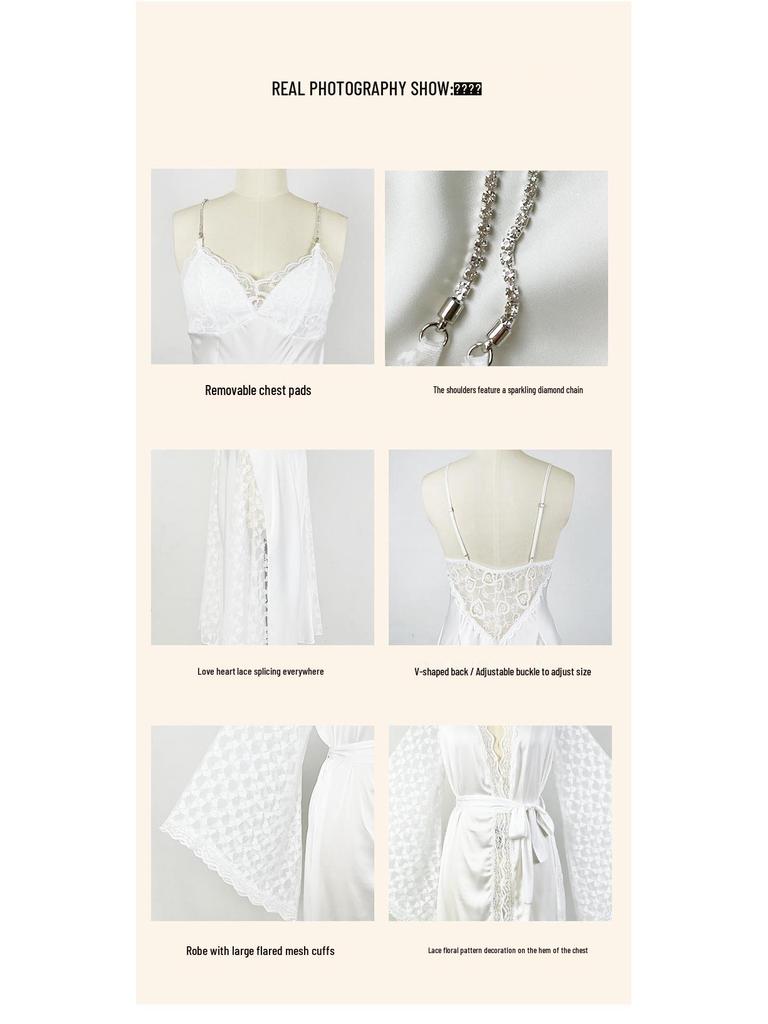 Sottoveste Camicia da Notte in Raso Bianco con Pizzo, Gonna Lunga Trasparente e Vestaglia