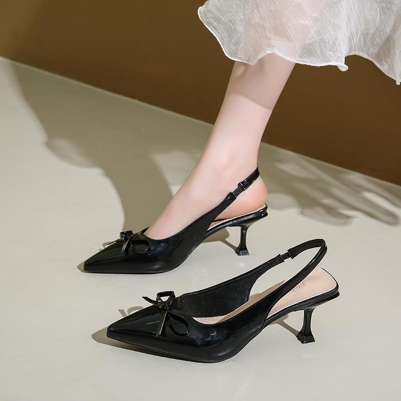 Premium French temperament nude pointed bow light mouth high heel sandals women's 2025 summer new empty sandals
