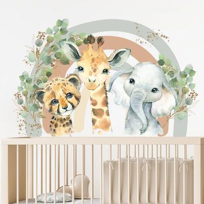 Cartoon Cute Smiling Face Lion Giraffe Elephant Leaf Rainbow Wall Sticker for Kids Room Bedroom Home Decoration Wall Decor