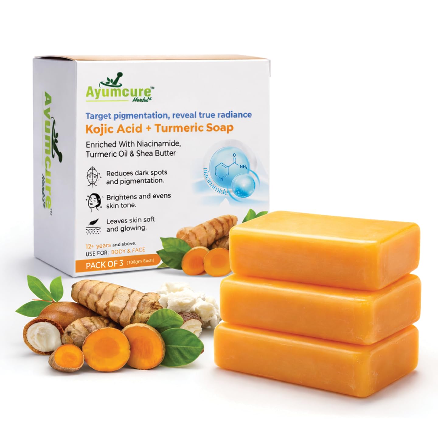 

Ayumcure 2% Kojic Acid & Turmeric Soap For Targets Pigmentation & Dark Spots (100g Pack of 3) | (100g Pack of 3)