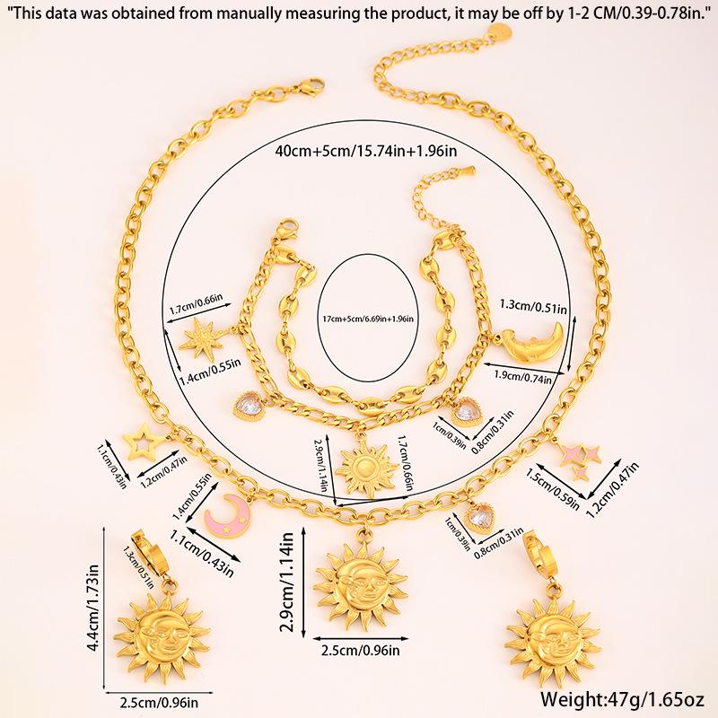 High-End Sun Portrait Titanium Stainless Steel Jewelry Set: Necklace, Bracelet, and Earrings in Light Luxury Design for Women.