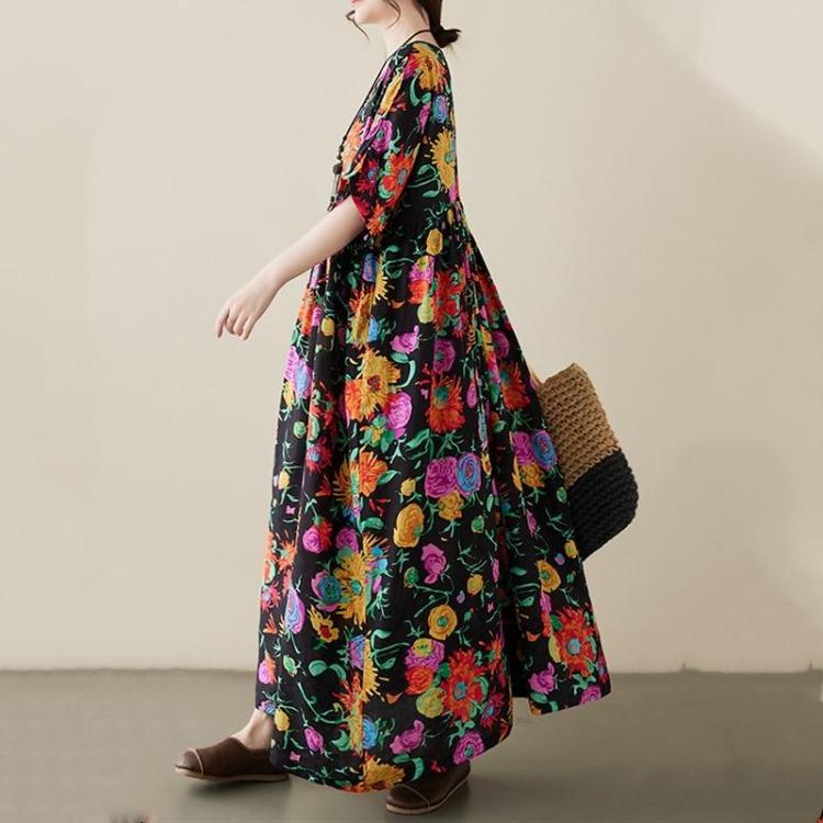 Vintage Květinové Bavlněné Letní Šaty Plus Size pro Ženy Ležérní Volné Dlouhé Krátký Rukáv Nové v Šatech