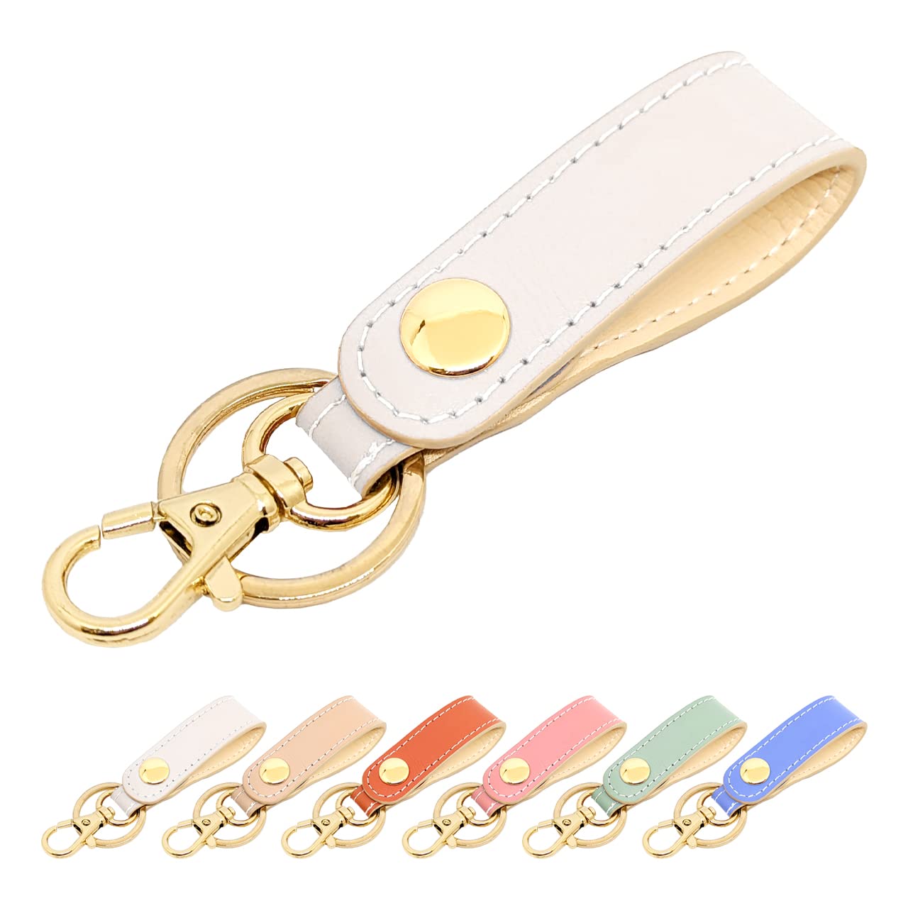 Leo&Aoi Genuine Leather Key Ring, Pastel Colors, Snap Button, Belt Style, Key Holder, Bag Charm, Genuine Leather Key Ring, Cowhide Leather, Women s,