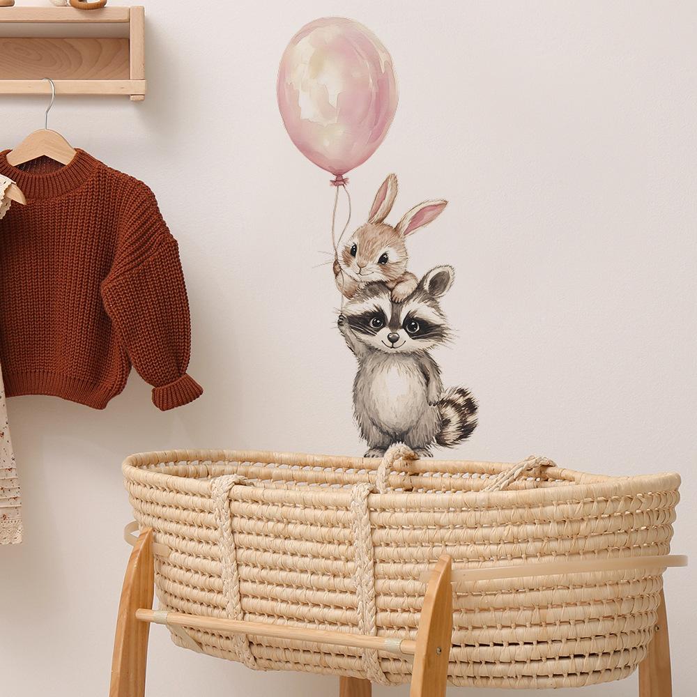 Cartoon Raccoon and Bunny with Balloons Wall Stickers, Playful Friends Wall Art for Kids Room, Bedroom and Living Room Decor