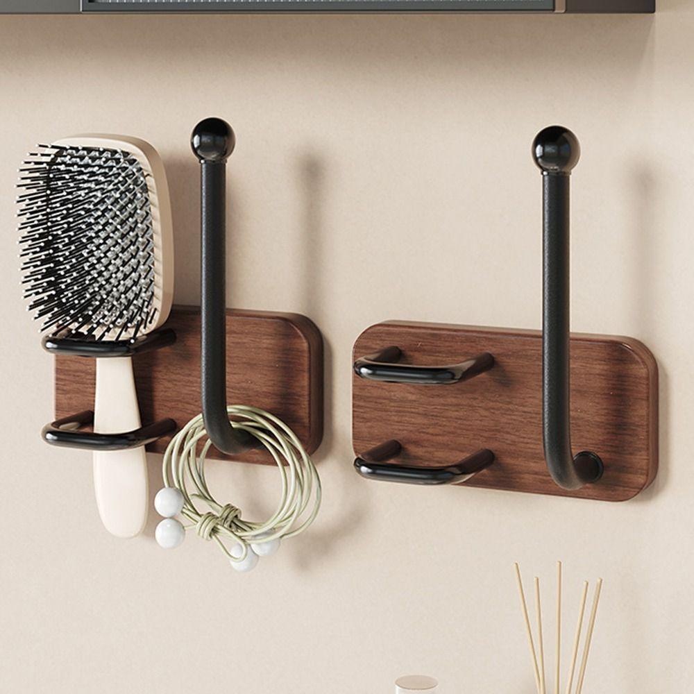 Wall Mounted Wooden Comb Holder Self-Adhesive Bathroom Storage Rack Hair Rings Hanger Hair Tie