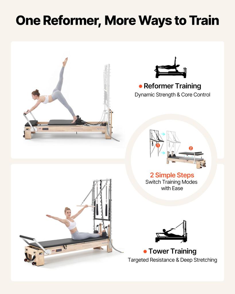 VEVOR Pilates Reformer with Tower 2.4 m Pilates Machine 181 kg Rubberwood, for Home Use and Gym Workout, with Jump Board, Springs, Sitting Box