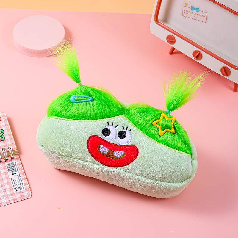 Frizzy Big-Eyed Monster Plush Pencil Case with Heart-Shaped Storage