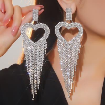 High-Grade Heavy Models Luxury Long Tassel Love Earrings Fashion Temperament Shiny Rhinestone Earrings Performance Earrings Women's Earrings 1 Pair