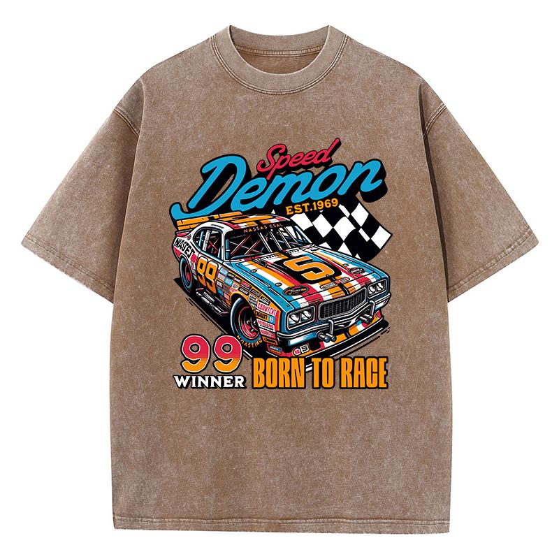 Street Woman Washed T-Shirts Speed Demon Born To Race 99 Winner Print Tee Shirts Comfortable Cotton Oversize Tops Clothes