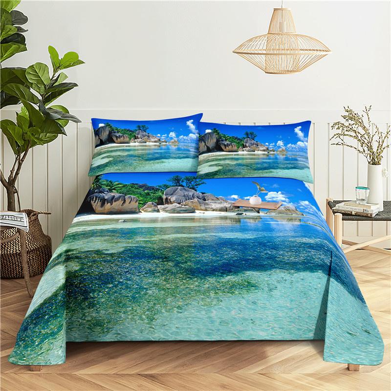 2/3Pcs Beach Bedding Sheet Home Digital Printing Polyester Bed Flat Sheet With Pillowcase Print Bed Sheet